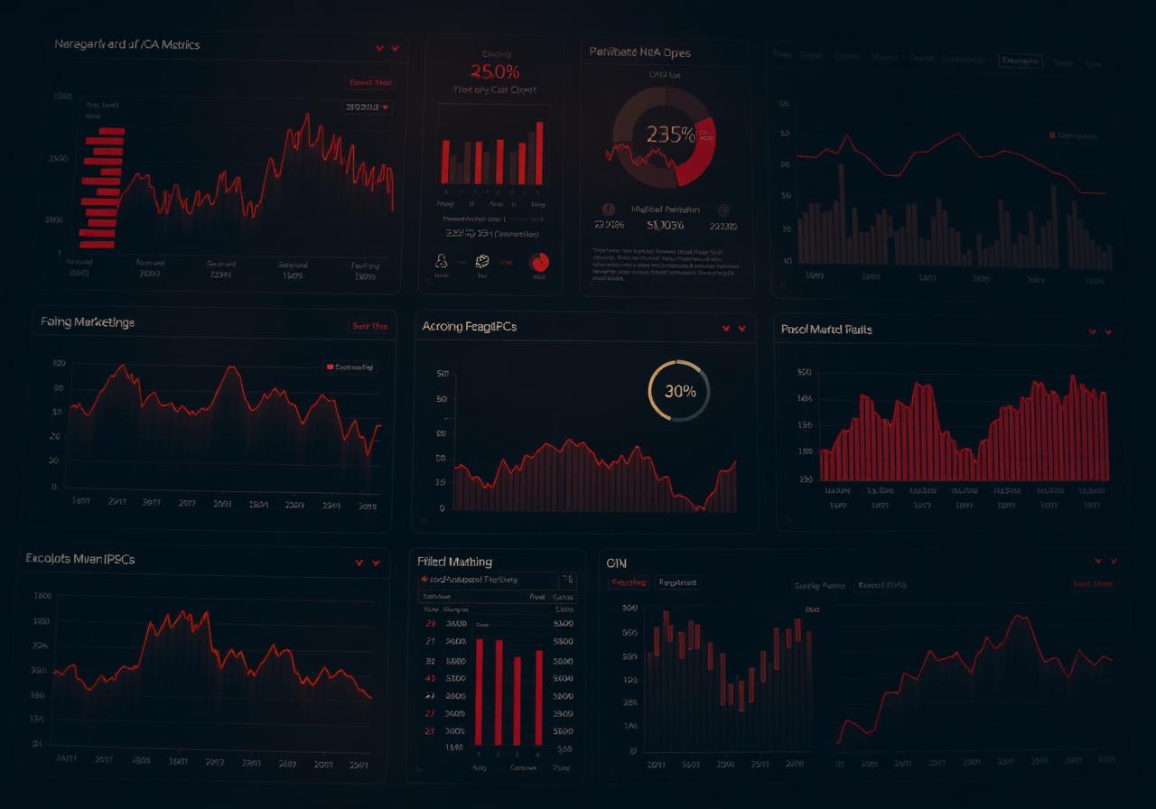 Dashboards de marketing com métricas caindo e indicadores de alerta