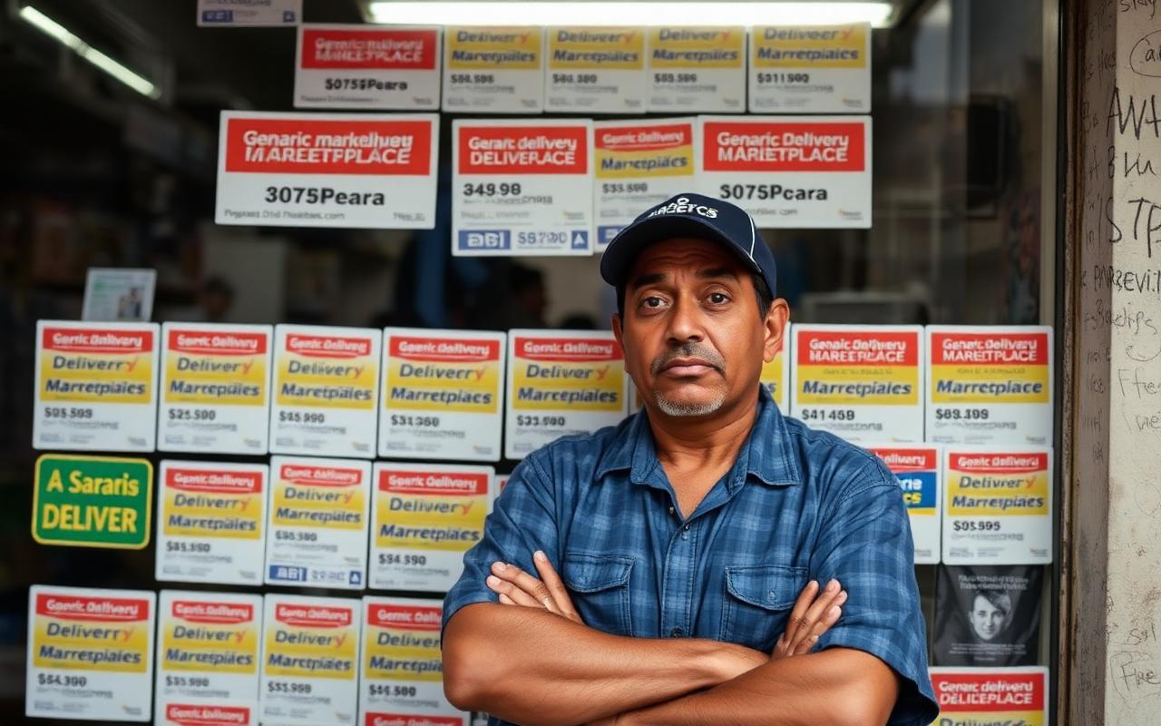Lojista em frente à vitrine coberta por adesivos de marketplace genérico