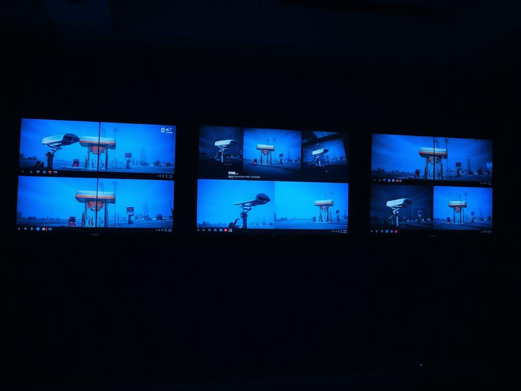 Parede de monitores de câmera de segurança em sala escura
