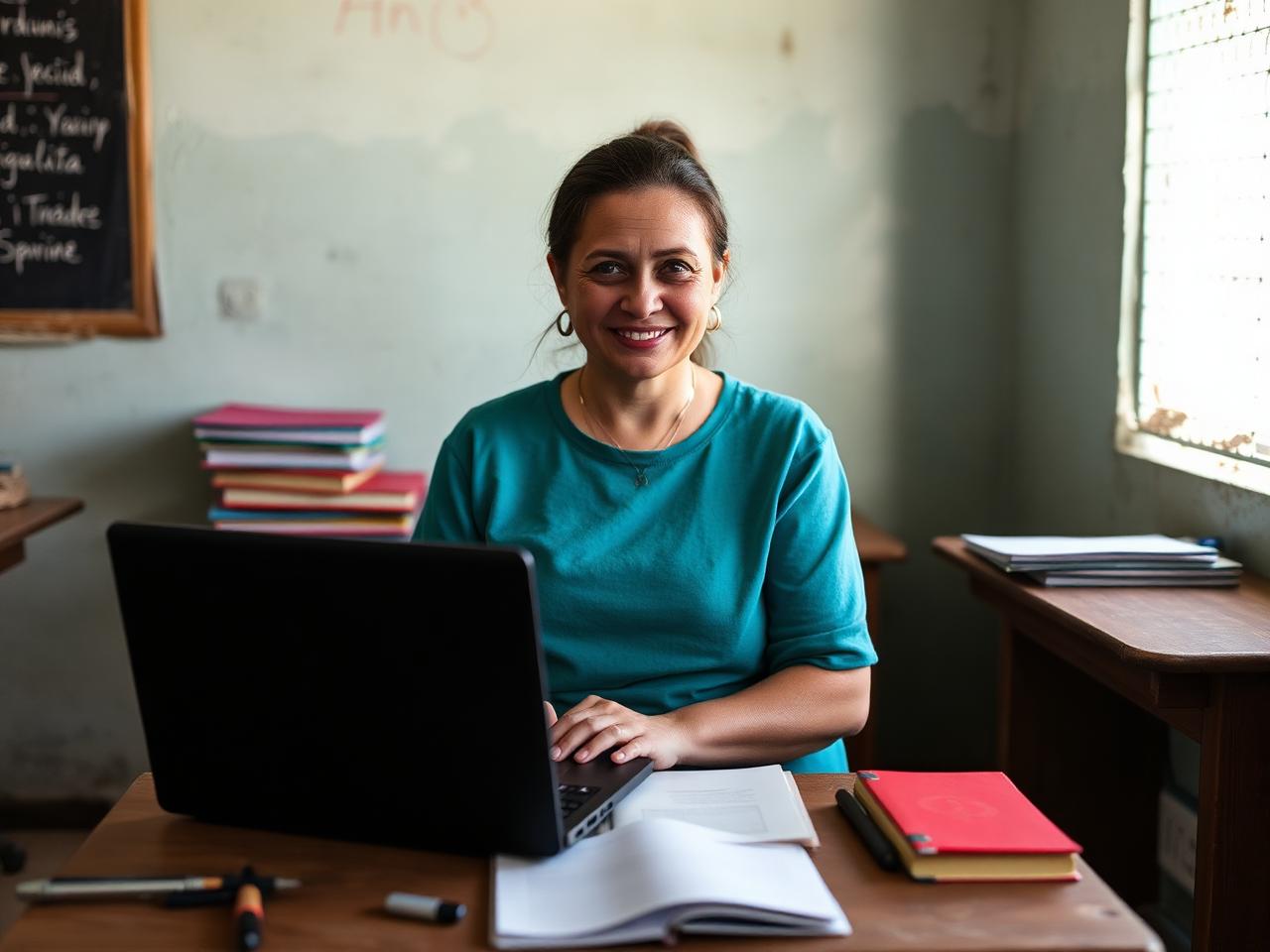 Coordenadora de OSC brasileira trabalhando no laptop em sala comunitária