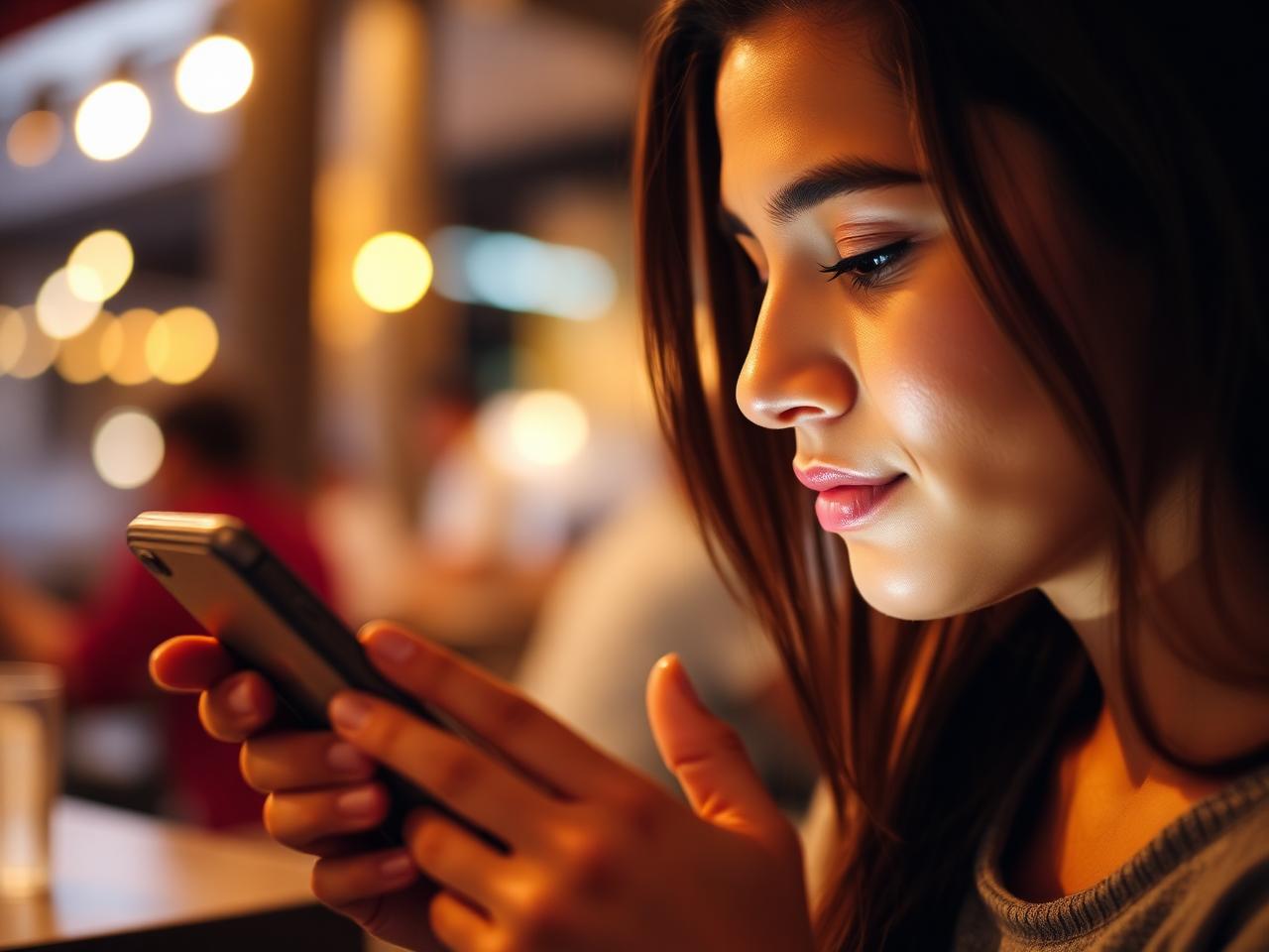 Jovem brasileira fazendo doação digital pelo smartphone em ambiente acolhedor