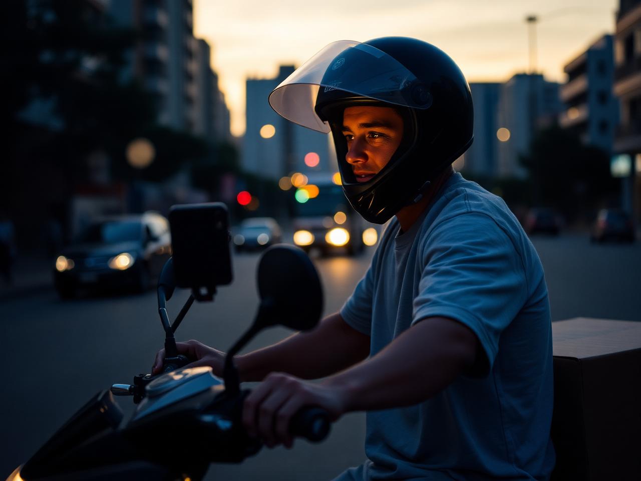 Motoboy entregador conferindo celular na motocicleta ao entardecer
