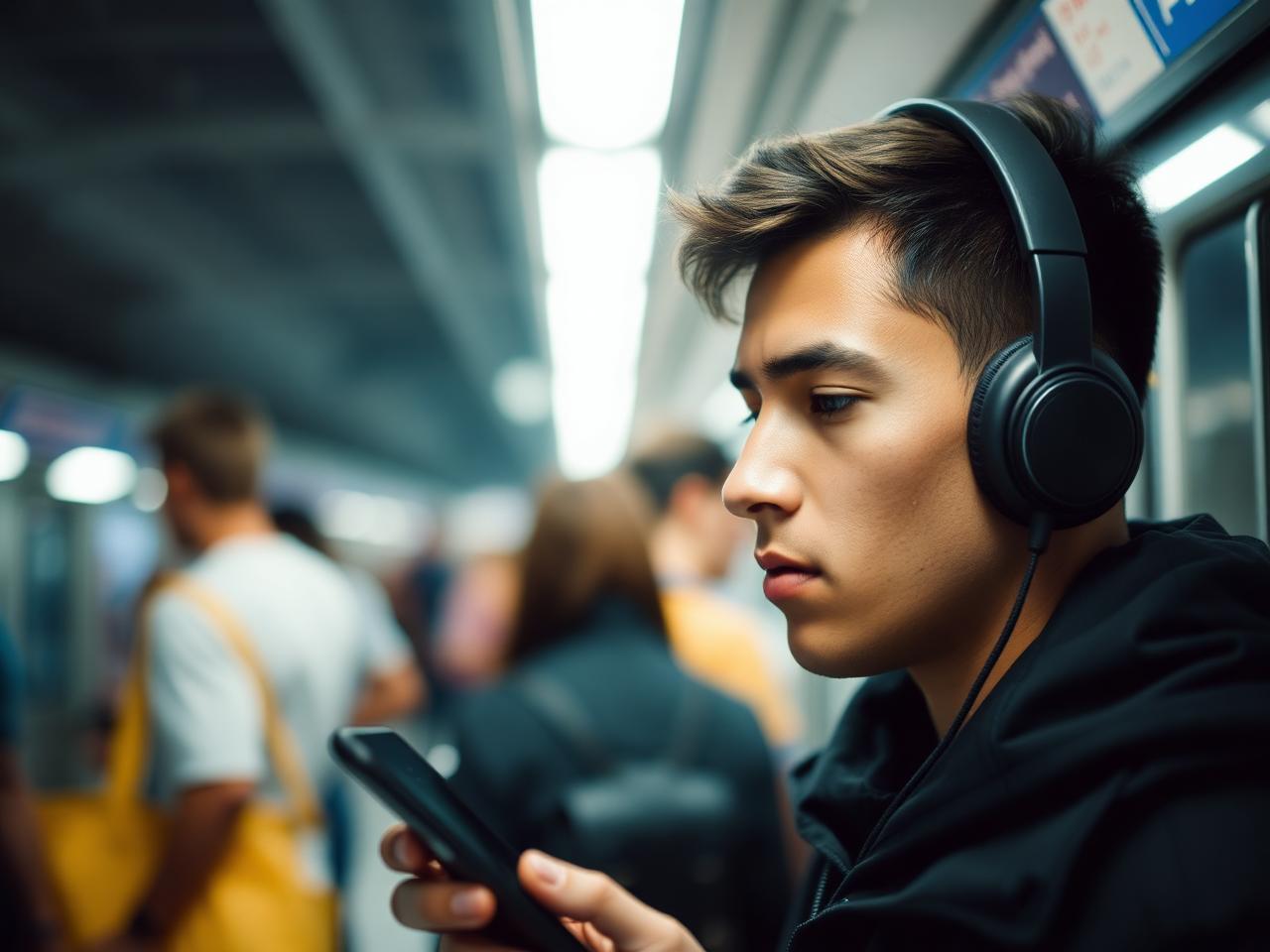Jovem brasileiro com fone de ouvido em estação de metrô