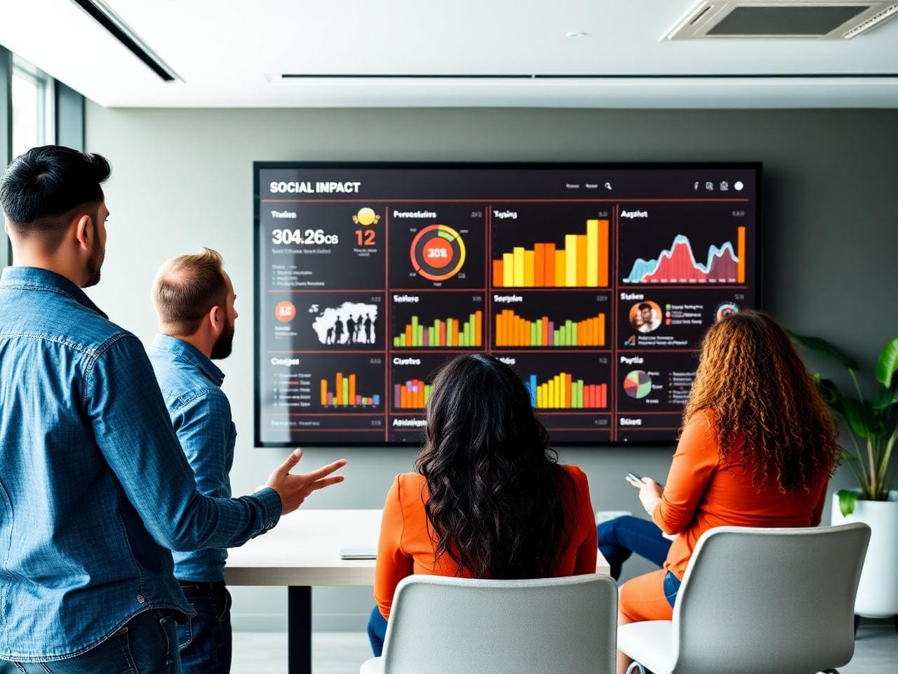 Equipe de marketing de marca brasileira analisando dashboard de impacto social