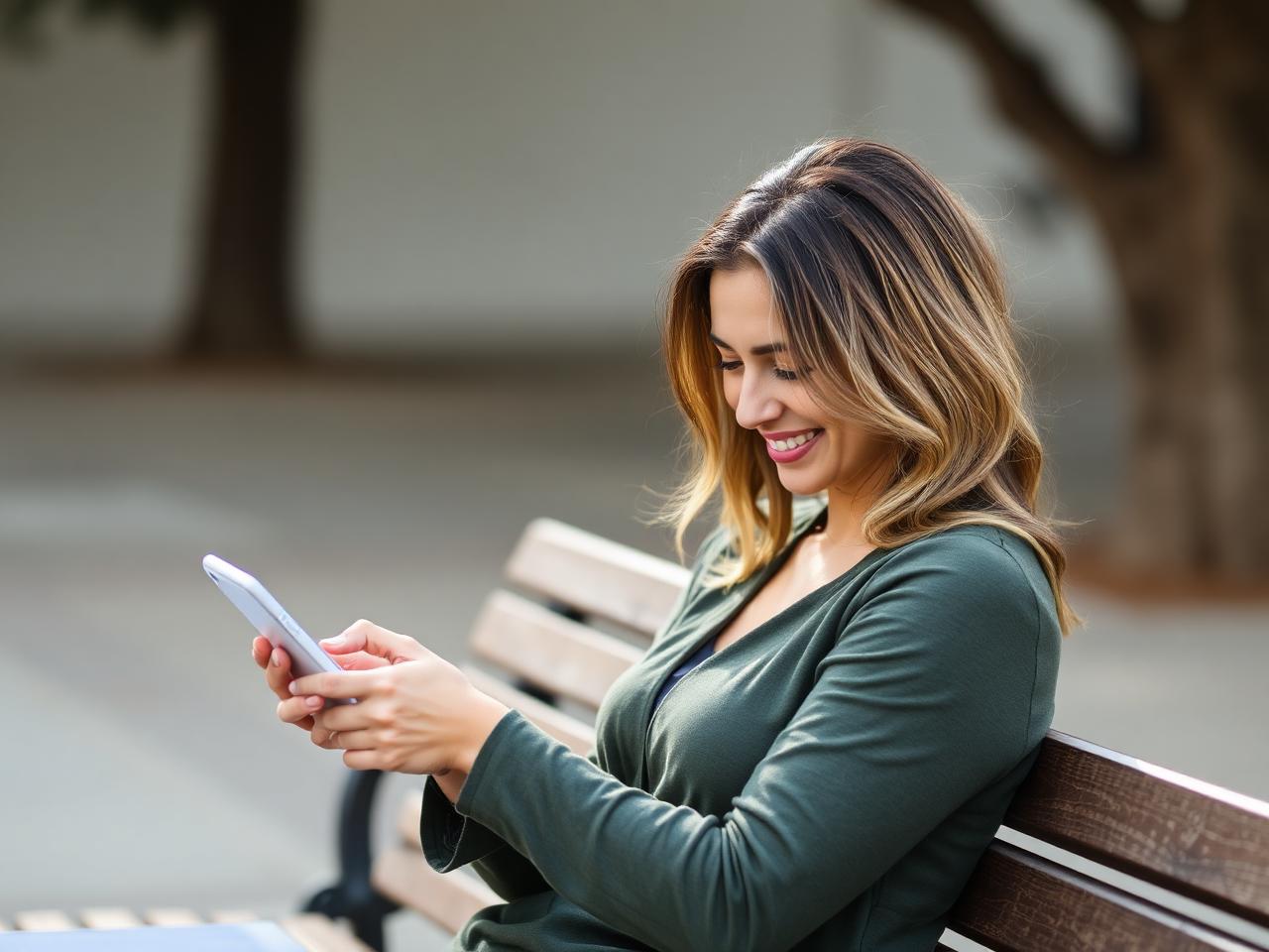 Mulher brasileira sorrindo ao consultar o celular sentada em banco de praça