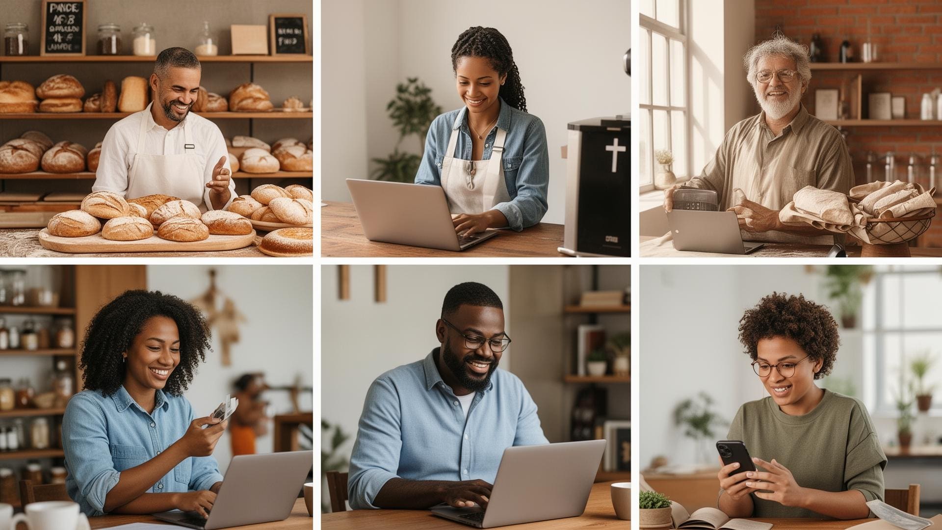 Mosaico editorial de pequenos empreendedores, organizações e criadores brasileiros usando tecnologia