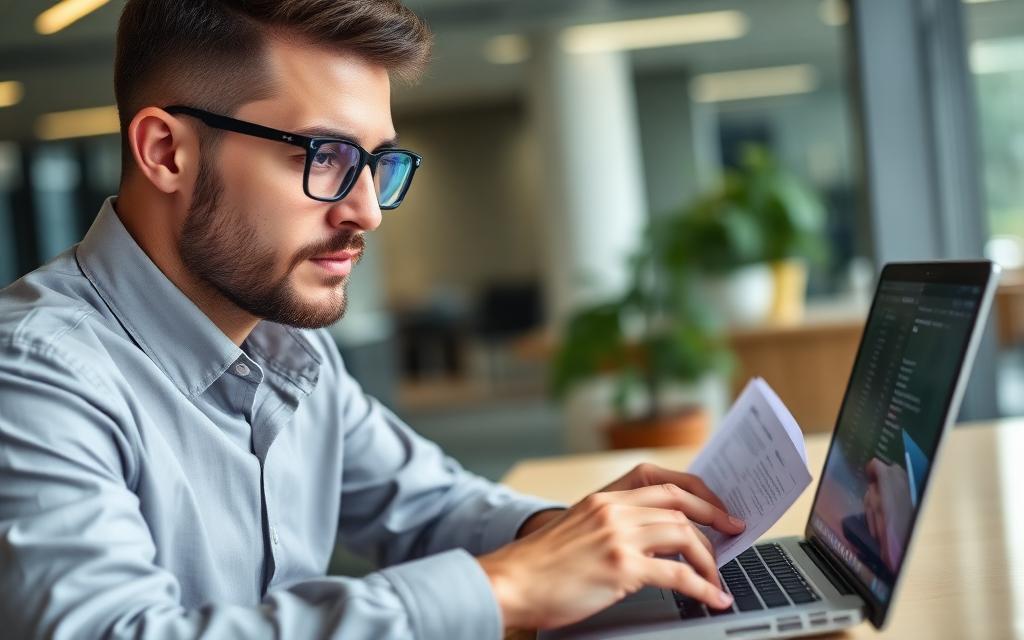 Profissional analisando logs de segurança no laptop