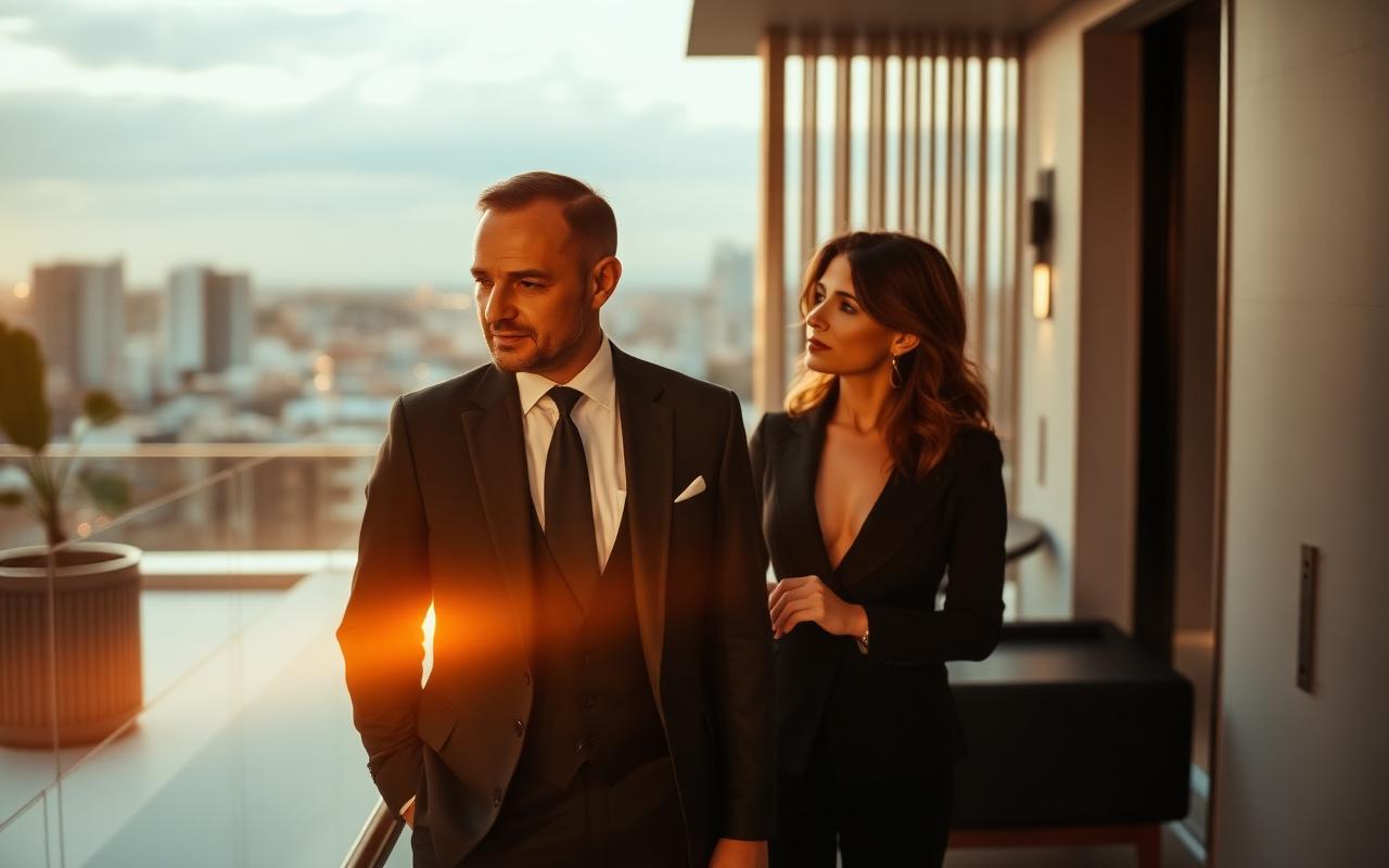 Consultor concierge GrandMoradas guiando clientes em apartamento de luxo