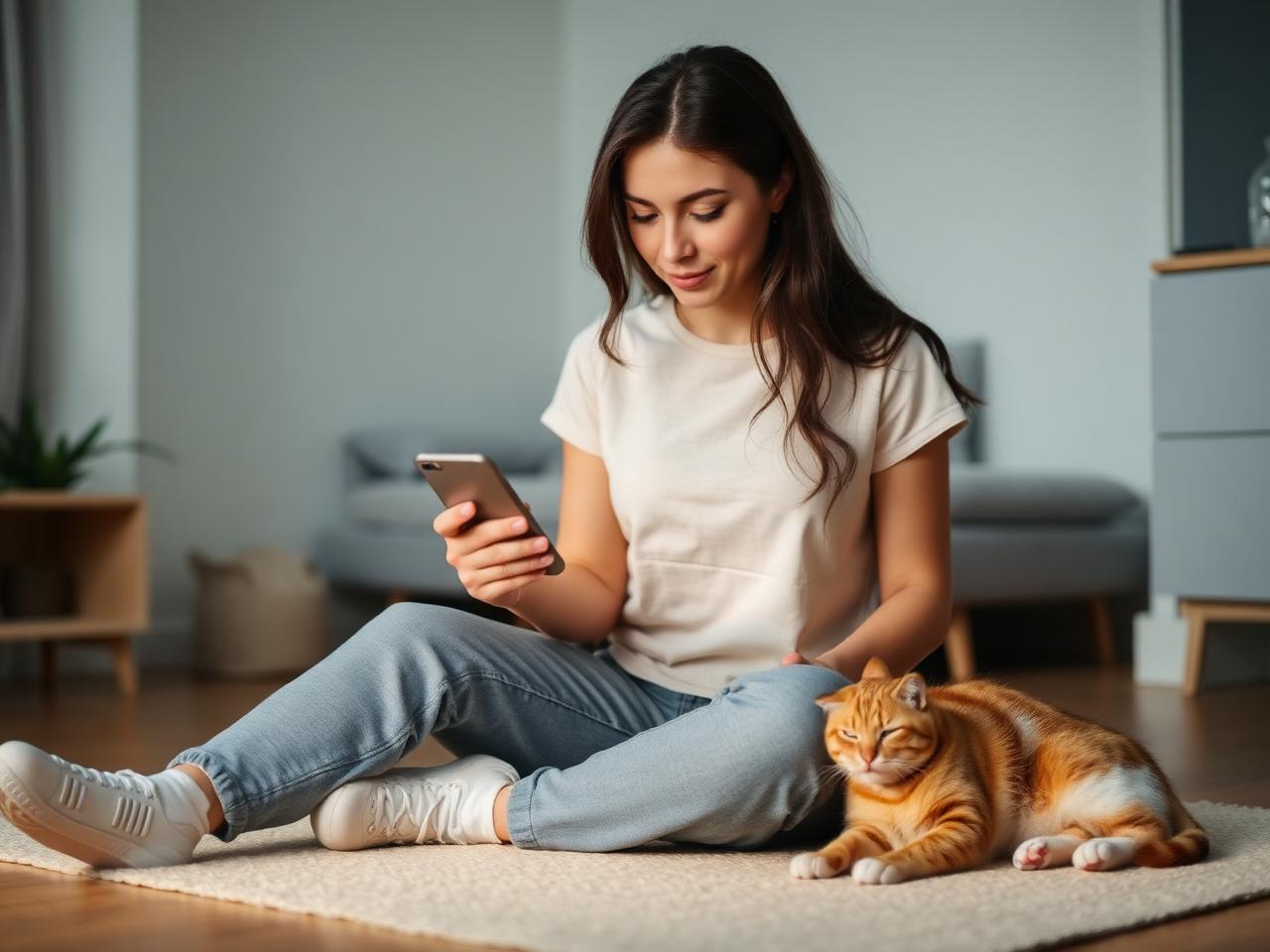 Mulher sentada no chão lendo informações sobre plano pet no celular ao lado do gato