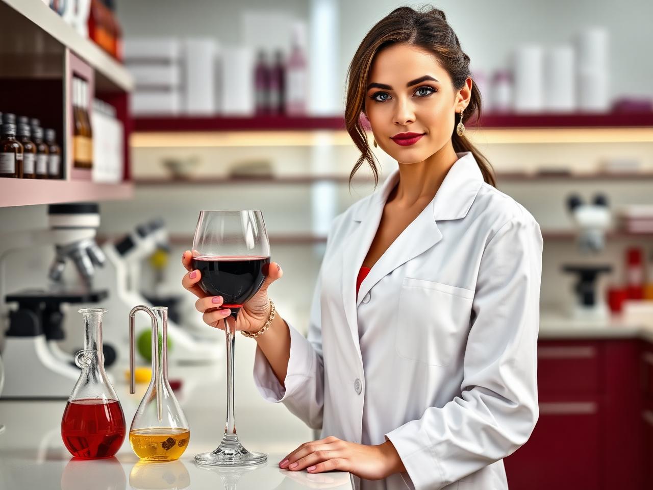 Cientista cosmetóloga em laboratório com taça de vinho e pipeta