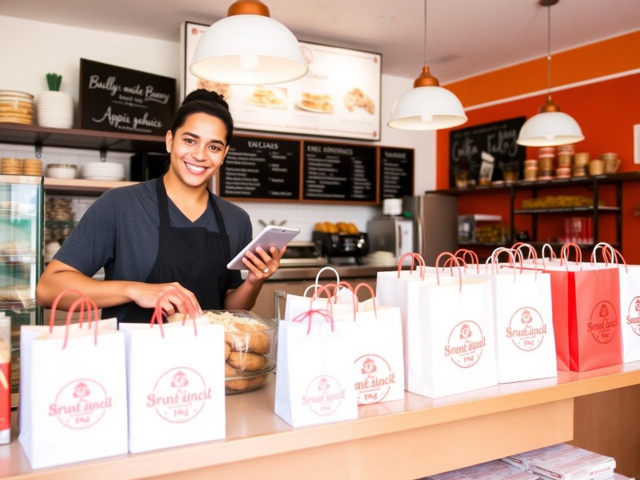 Lojista organizando sacolas com a marca própria, tablet com pedidos do app