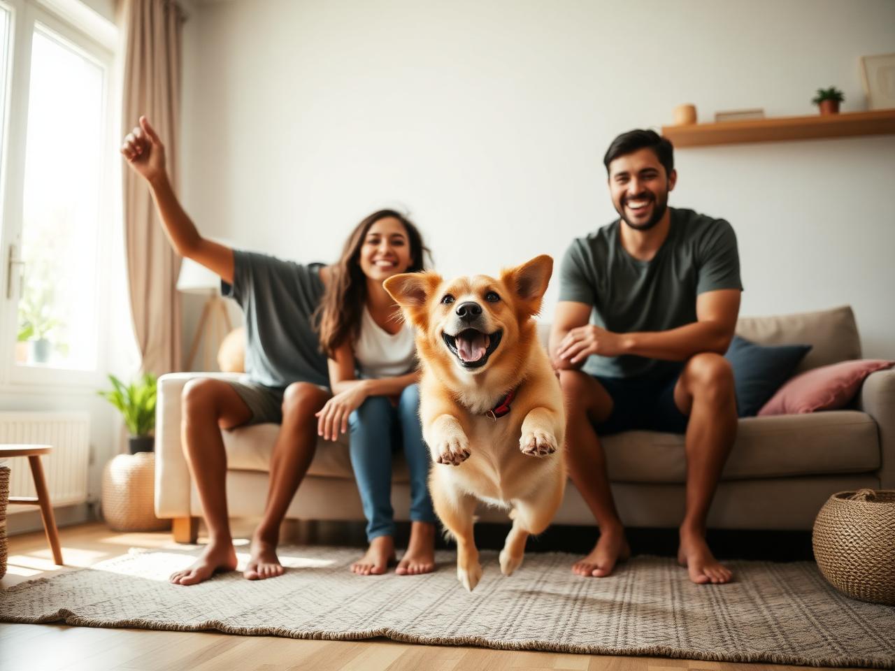 Família feliz reunida em casa com o cachorro saudável pulando de alegria