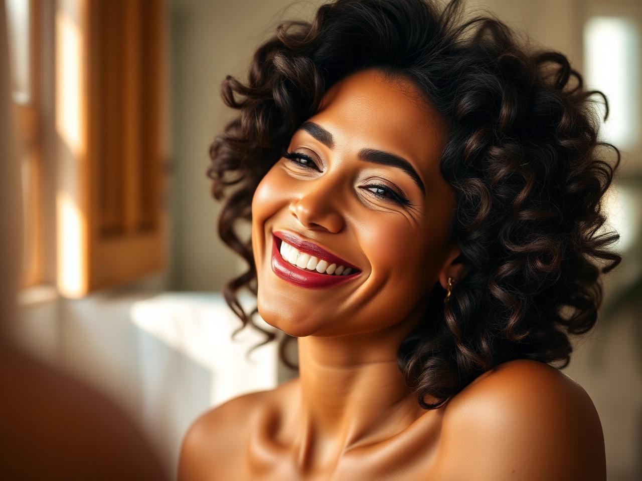 Mulher radiante com pele luminosa em frente ao espelho