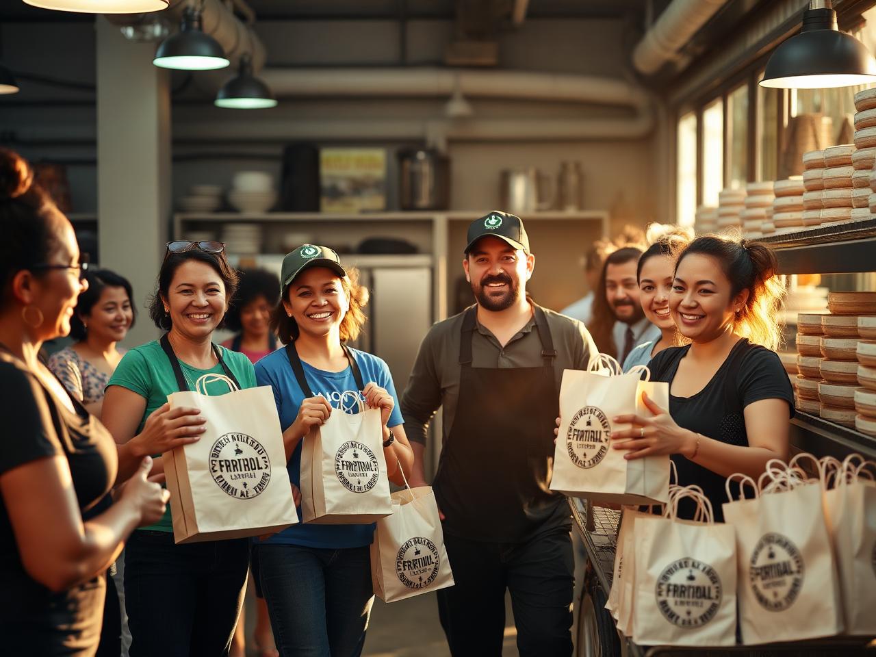 Loja cheia, vários motoboys retirando sacolas marcadas, equipe sorrindo