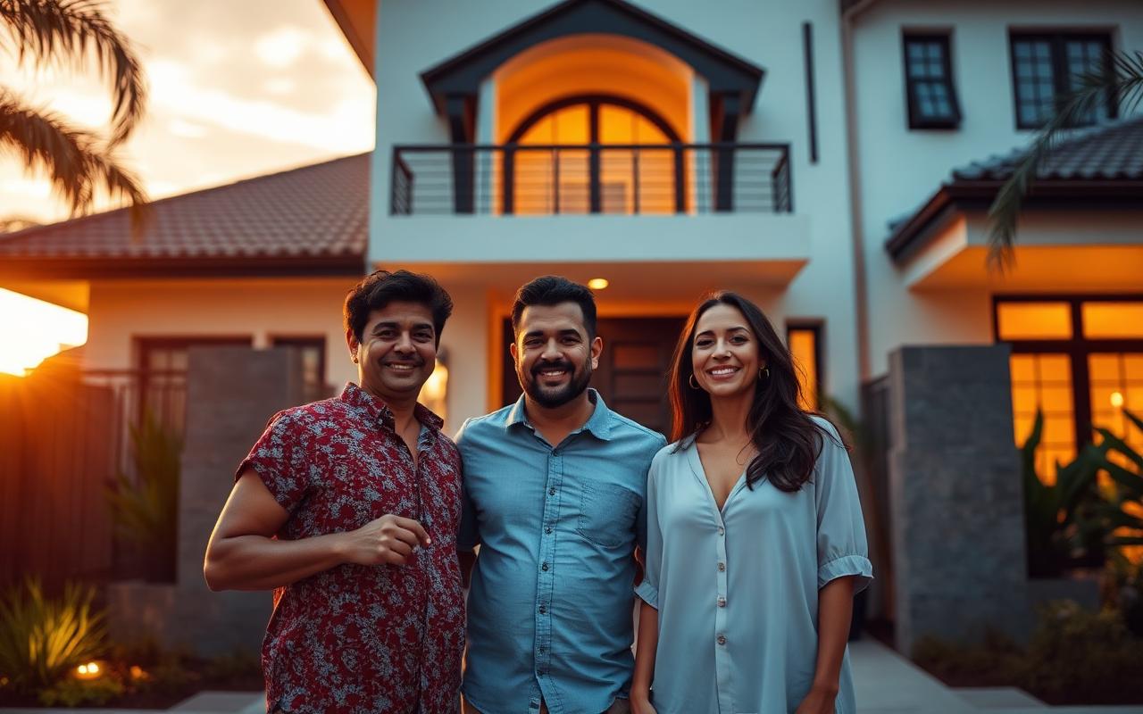 Família feliz recebendo as chaves do novo imóvel de alto padrão
