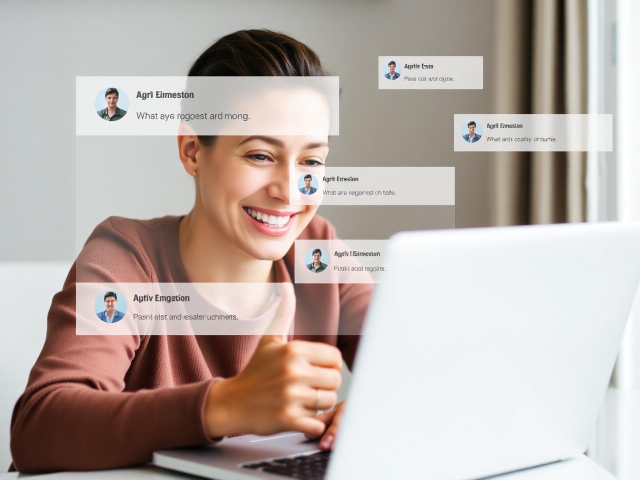 Pessoa sorrindo com painel de comentários ativo no laptop