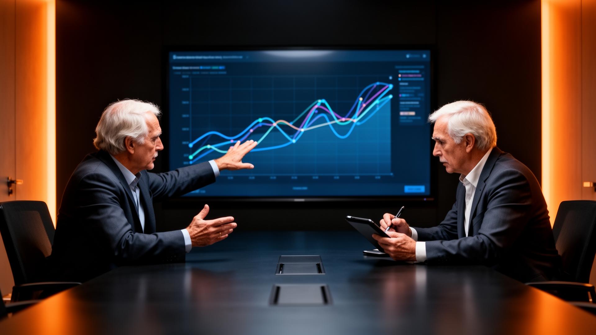 Estrategistas em reunião de calibragem analisando gráficos de performance