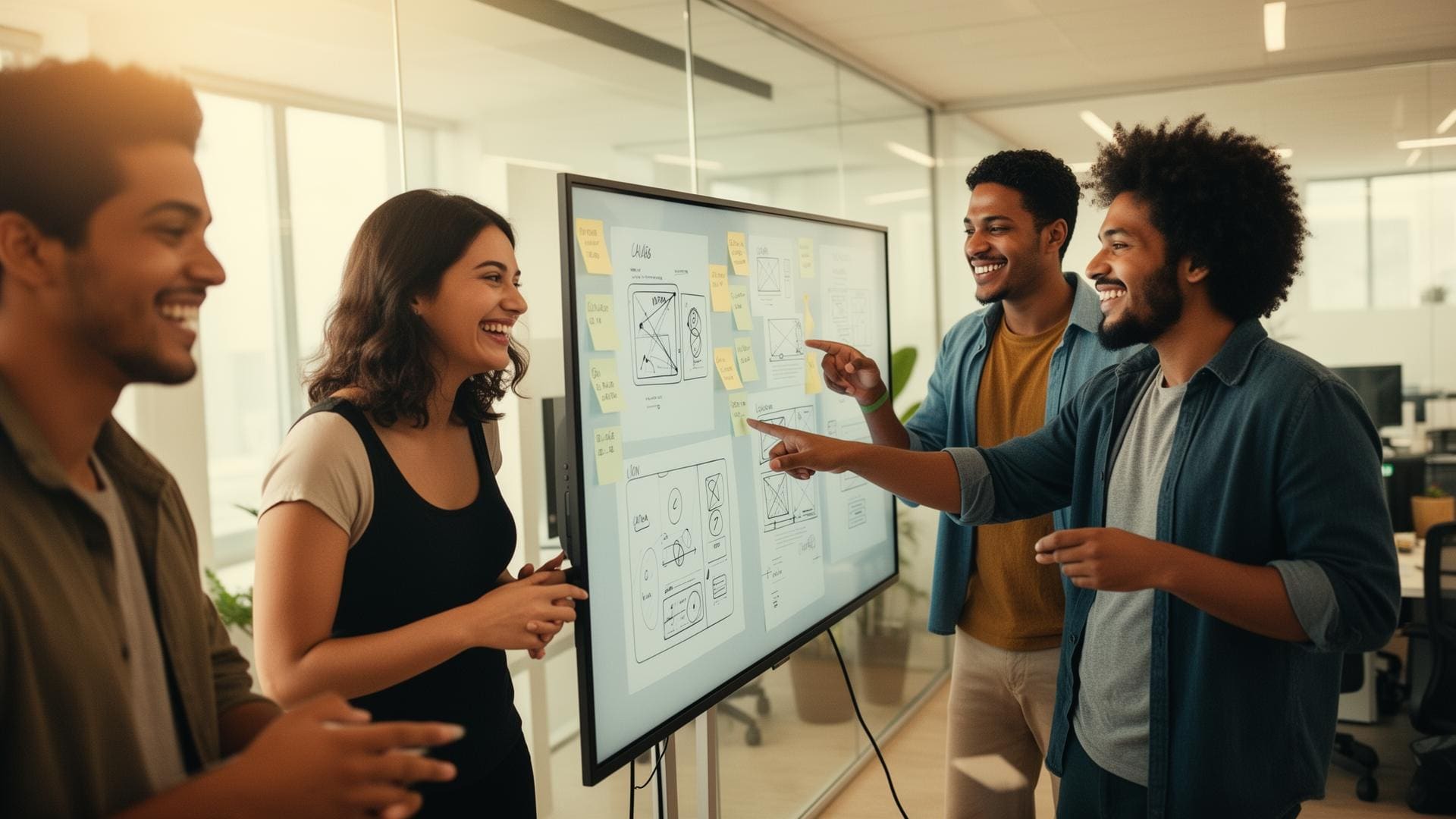 Time diverso colaborando em wireframes de um app