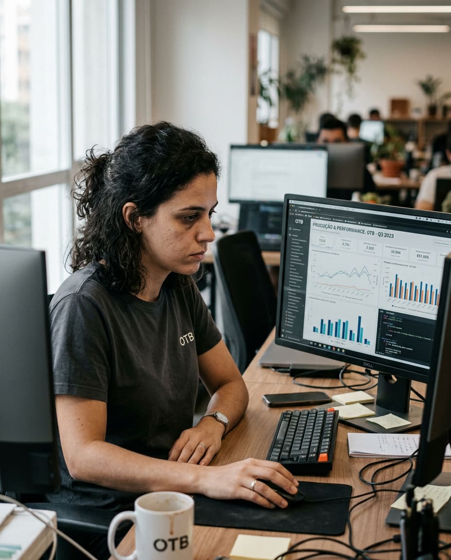 Profissional do Grupo OTB analisando dashboard de performance