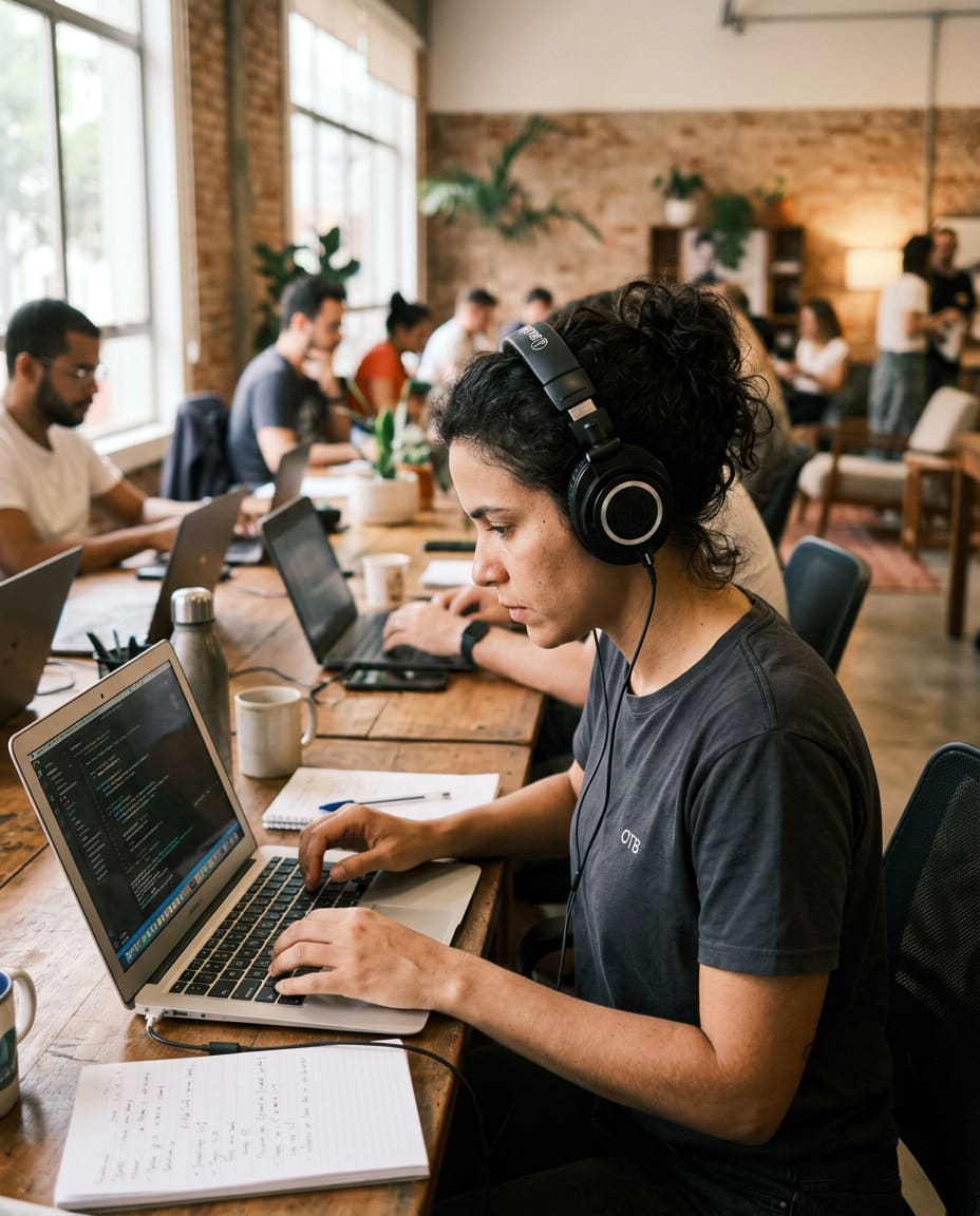 Engenheira do Grupo OTB programando em laptop com fones de ouvido