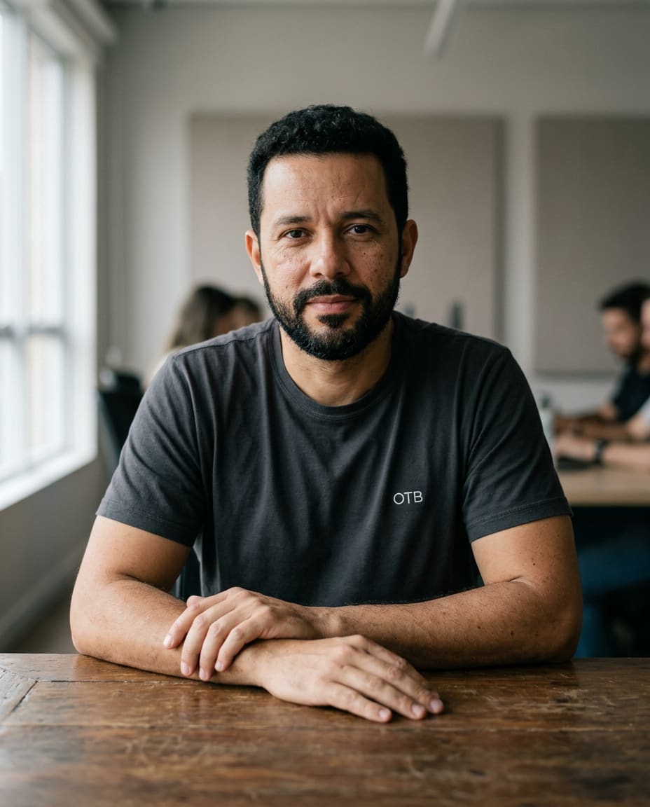 Líder técnico do Grupo OTB em mesa de reunião, camiseta OTB, luz natural