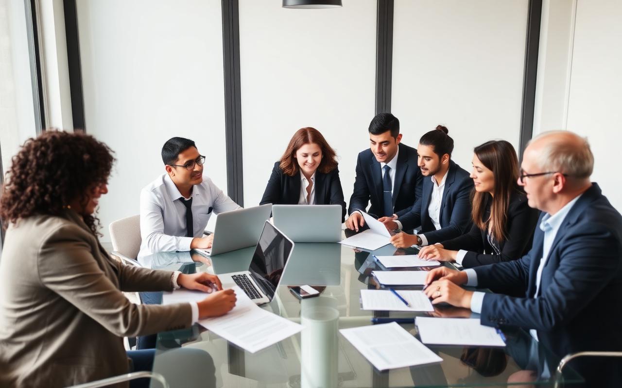 Time jurídico e de tecnologia trabalhando juntos em sala de reunião
