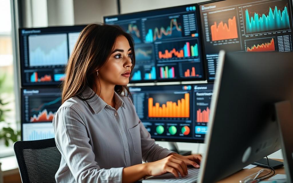 Analista de marketing acompanhando dashboards de performance