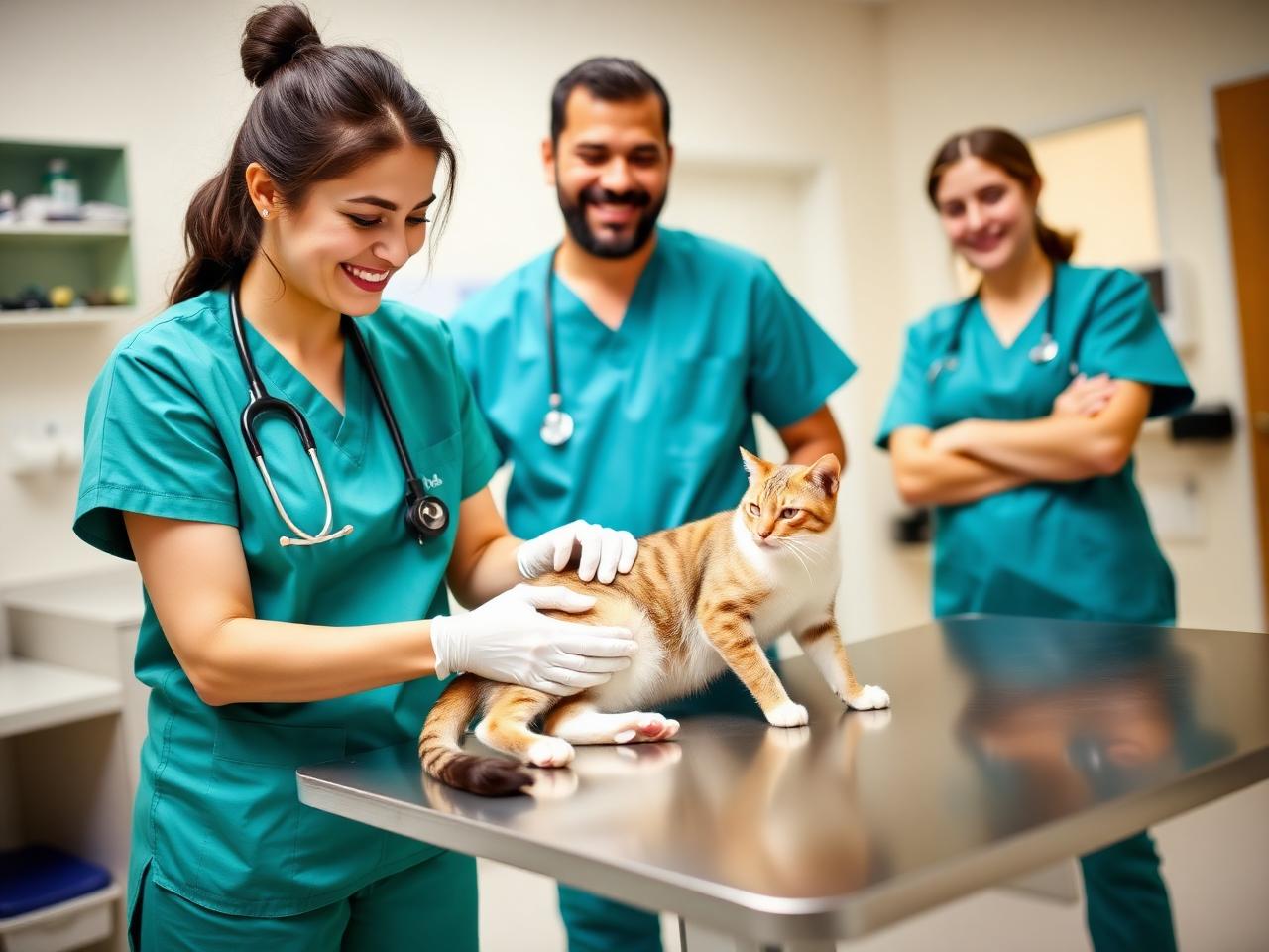 Veterinária examinando gato em clínica, com tutor observando