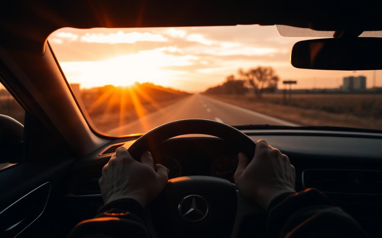 Mãos no volante ao amanhecer