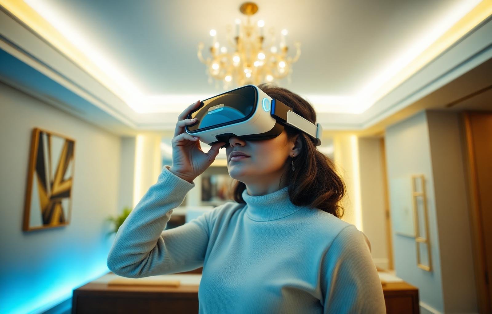 Cliente experimentando tour em realidade virtual de imóvel de alto padrão