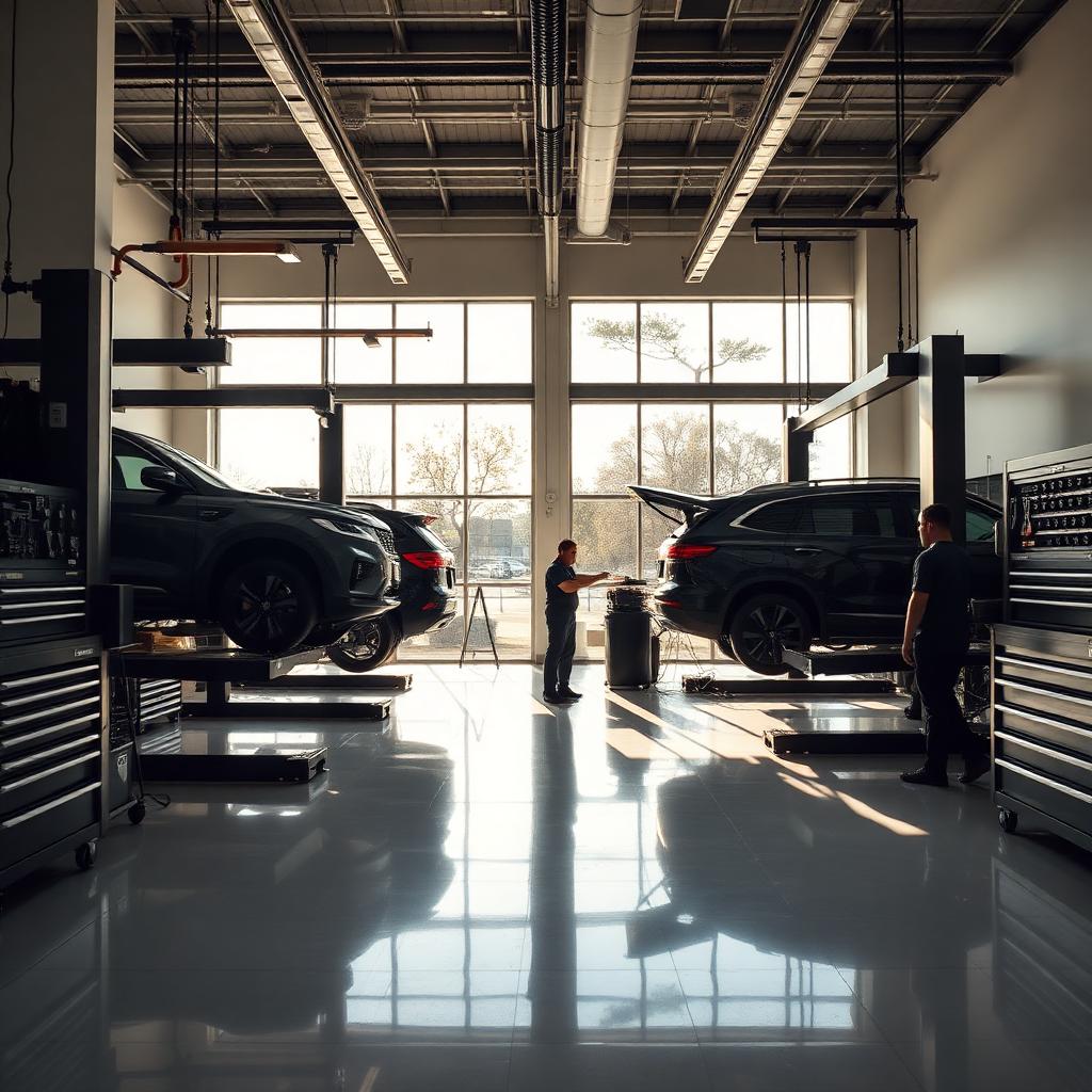 Oficina GNB Auto: dois carros elevados em box amplo com luz natural